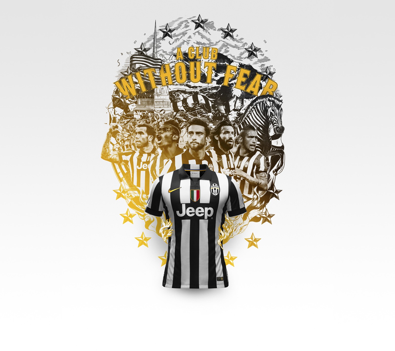 Camisa listrada preta e branca com uma estrela dourada e uma bola de futebol (design, ilustração, juventus, nike, futebol)