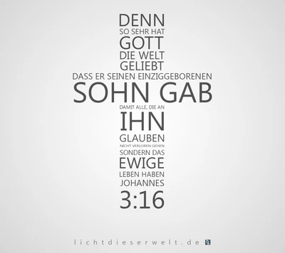 Kreuzdesign mit einem biblischen Vers aus Johannes 3:16, der die Liebe Gottes und das Geschenk seines Sohnes betont.