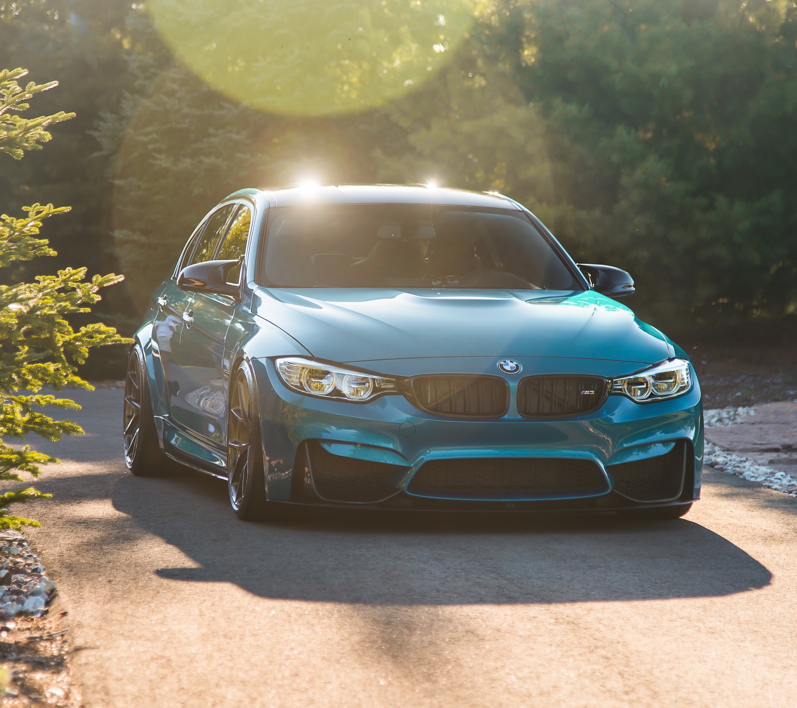 A close up of a blue bmw car driving down a road (auto, bimmer, bmw, car, m3)