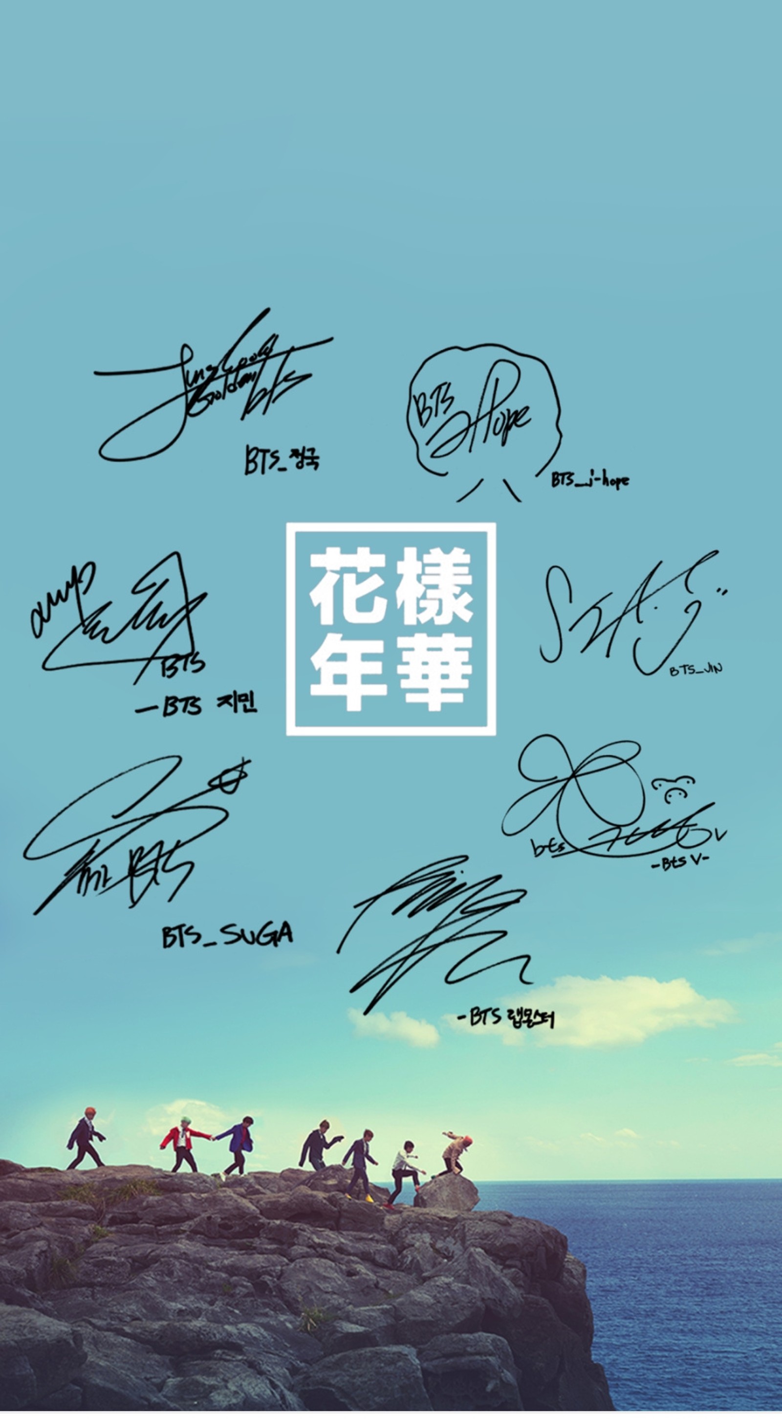 Un gros plan d'une affiche avec un groupe de personnes sur une falaise (bts, signatures)