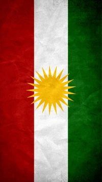 Bandera de Kurdistán con emblema de sol rojo, blanco, verde y amarillo