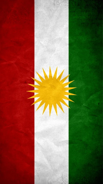 Flagge von Kurdistan mit rotem, weißem, grünem und gelbem Sonnensymbol