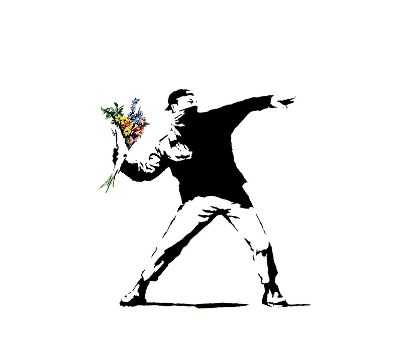 Изображение мужчины, бросающего букет цветов (бэнкси, banksy, граффити, уличное искусство)