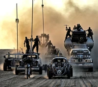 A high-octane showdown featuring armored vehicles and masked figures racing through a dusty wasteland, evoking a post-apocalyptic vibe reminiscent of "Mad Max.