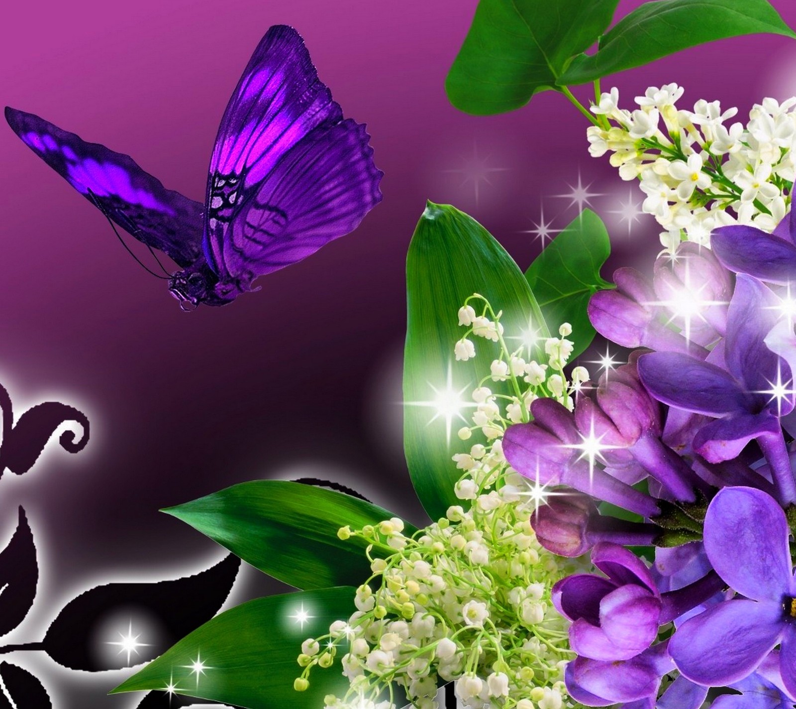 Purple butterfly and flowers with sparkles and stars on a purple background (abstract, butterfly, flowers, nature)