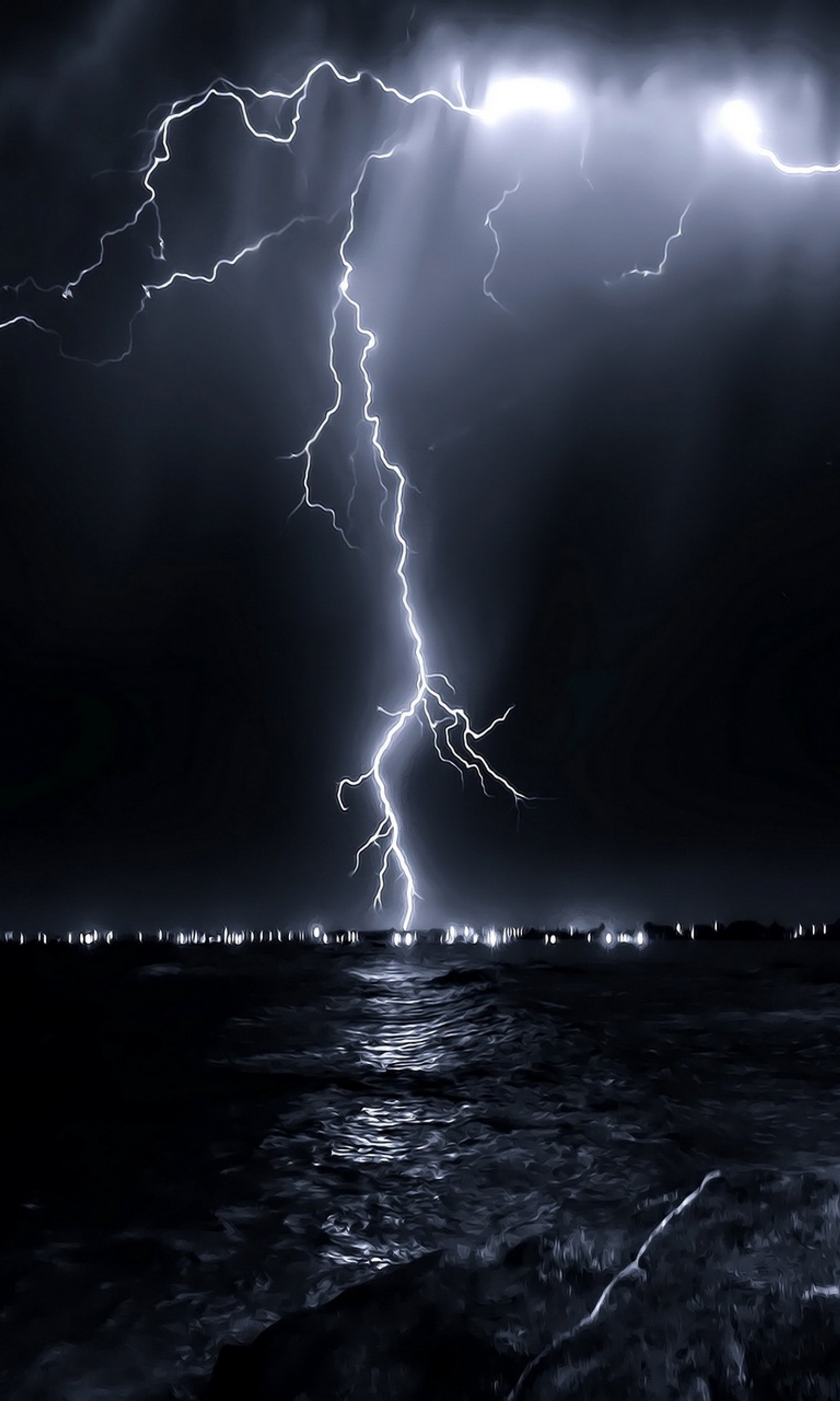 Lightning strikes across the sky over a body of water (light, lightning, painting, sea)