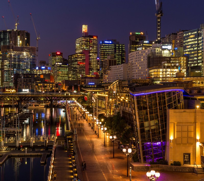 Ночной вид на город с рекой и мостом (австралия, города, огни, сидней, sydney)