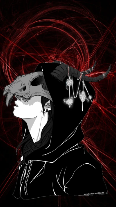 Anime Character in Hooded Black Attire with Skull Mask Against a Red Abstract Background