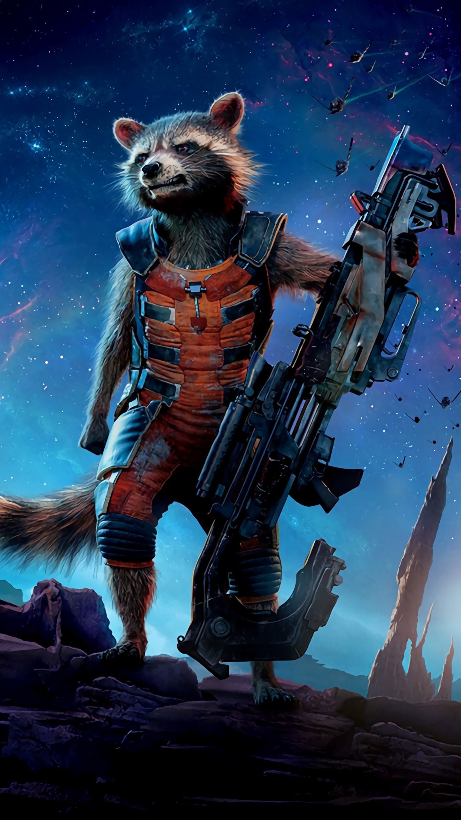 Rocket raccoon with a gun and a rocket ship in the background (attack, gardians of the galaxy, in, marvel start, rocket)