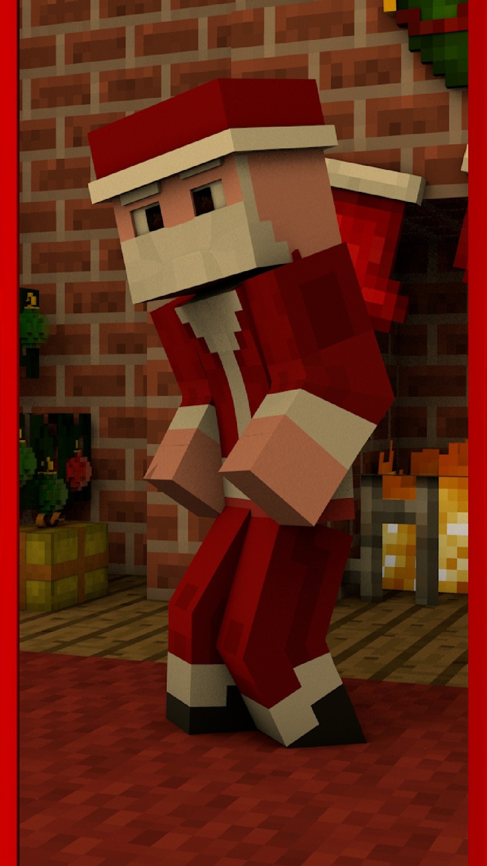 Hay un santa claus pixelado de pie frente a una chimenea (navidad, minecraft, rojo, santa)