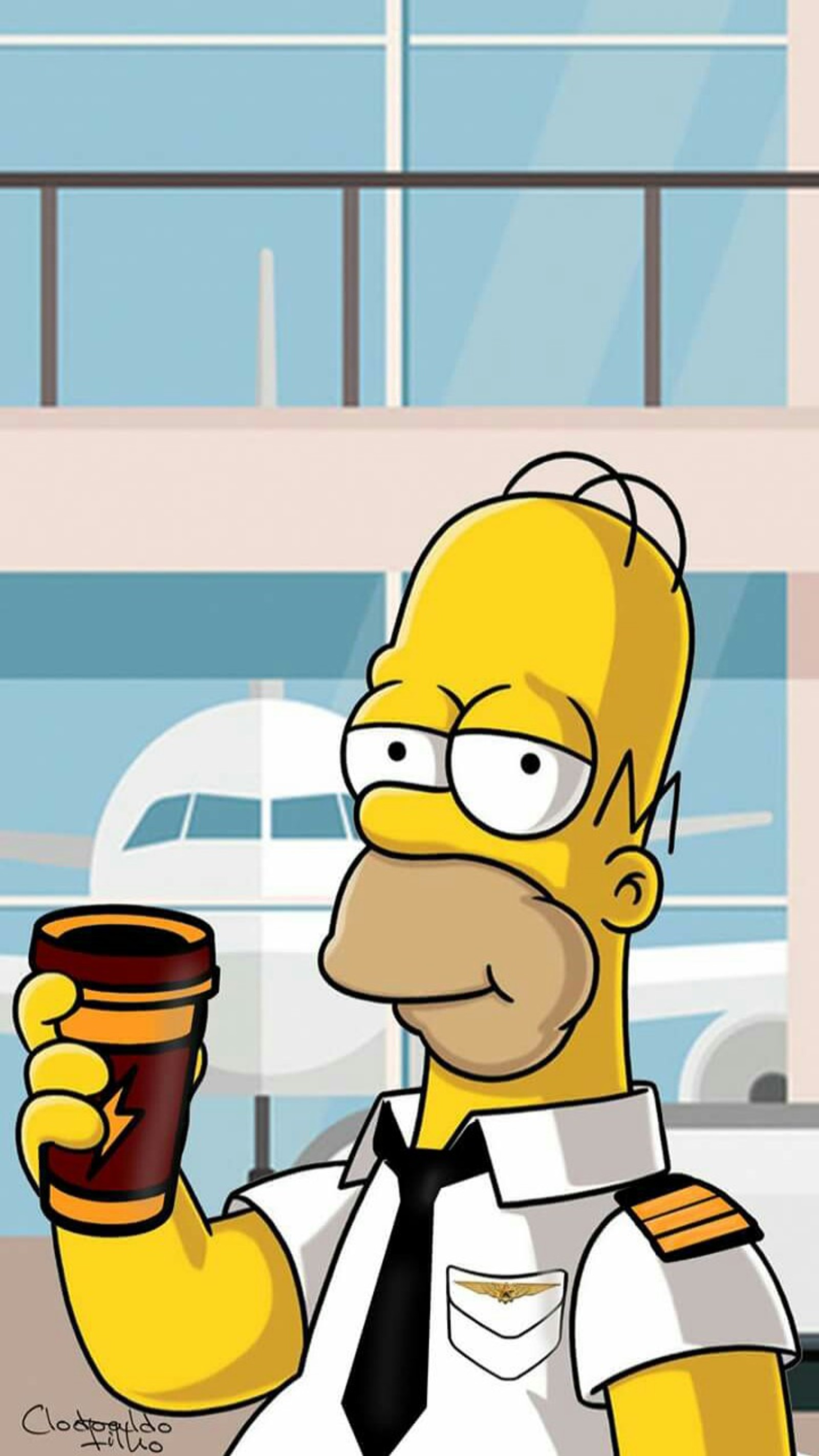 Dibujo animado de un hombre en uniforme sosteniendo una taza de café (aviación, homero, los simpson, the simpsons)