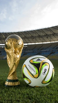 Troféu da Copa do Mundo e bola final no campo de futebol