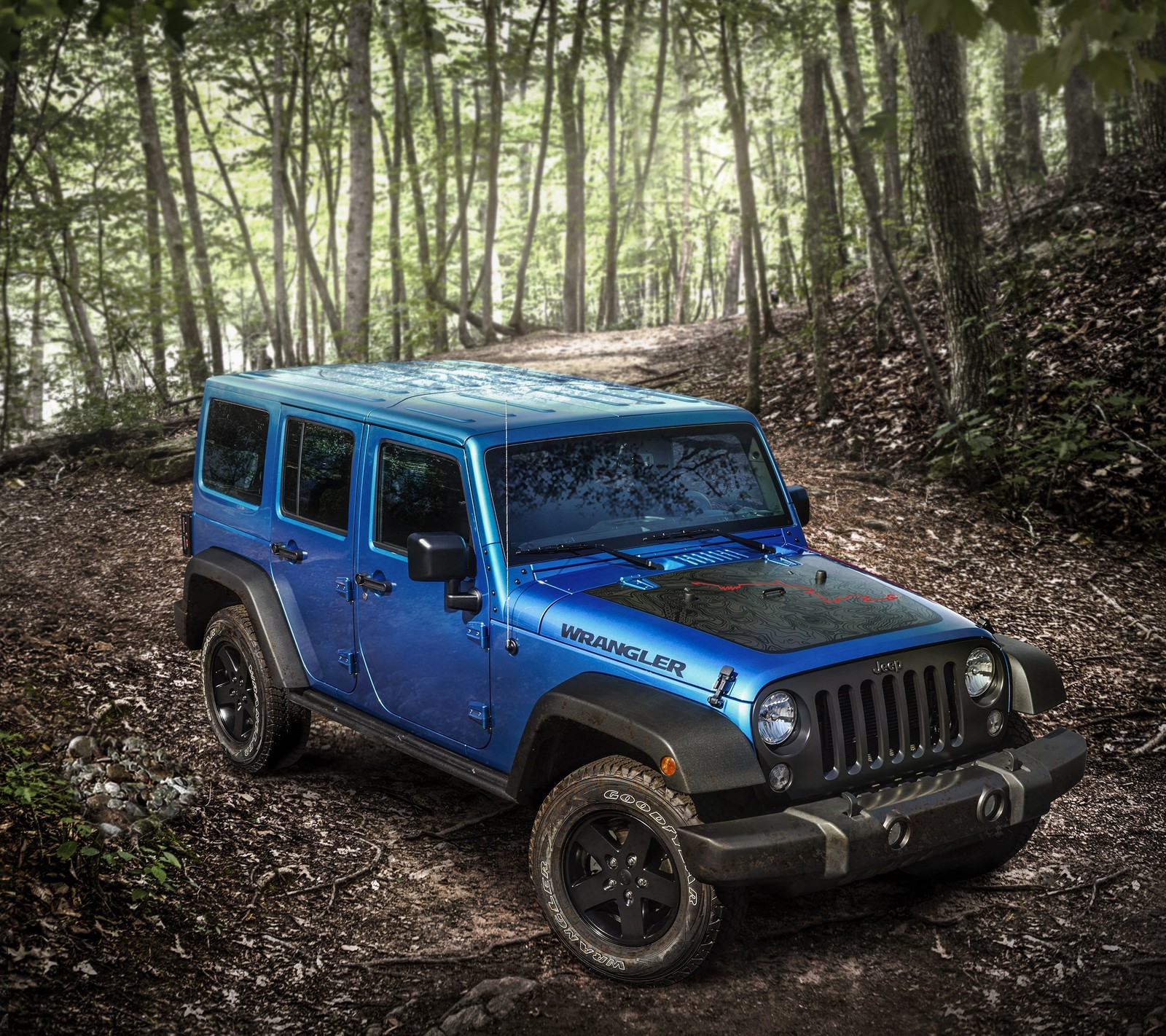 Image floue d'un jeep bleu garé sur une route de terre dans les bois (amérique, ours noir, bleu, jeep, états unis)