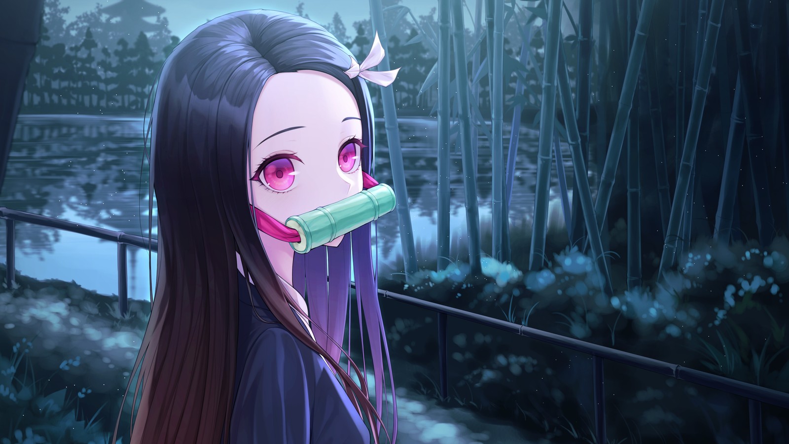 Anime-mädchen mit langen haaren und rosa augen, das vor einem bambusbaum steht (nezuko kamado, kimetsu no yaiba, dämonentöter kimetsu no yaiba, demon slayer kimetsu no yaiba, anime)