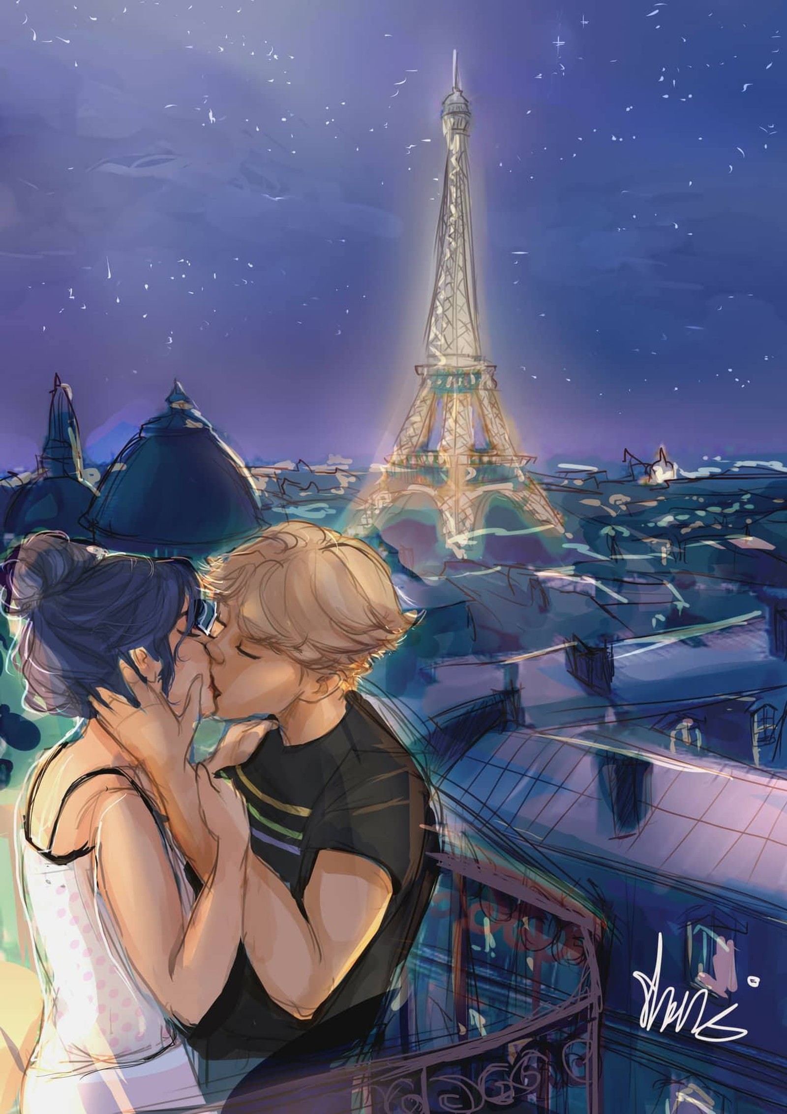 Um casal de anime se beijando em frente à torre eiffel (miraculoso, paris)