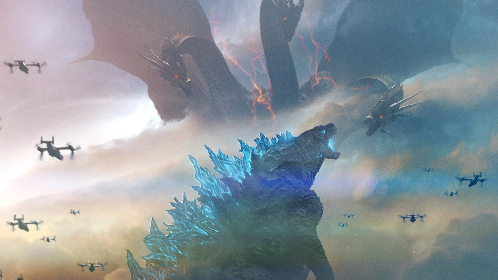 Godzilla, die aus den wolken aufsteigt, mit einem großen godzilla, der am himmel fliegt (godzilla, king ghidorah, godzilla king of the monsters, film)