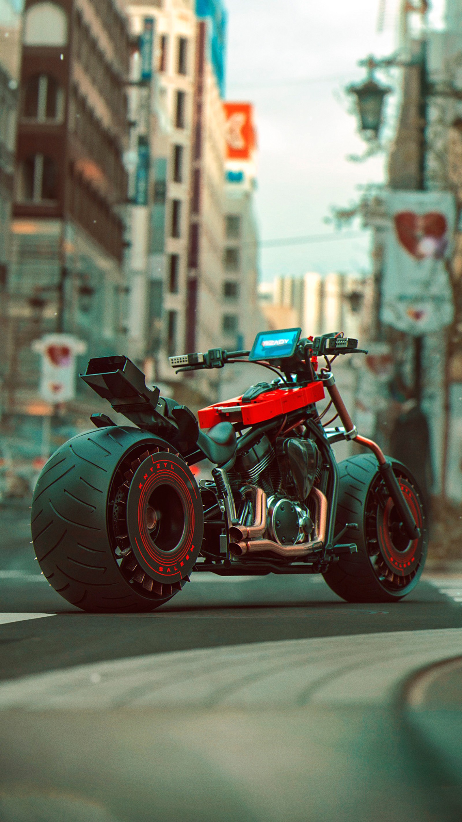 Há uma motocicleta estacionada na rua da cidade (motocicleta, carros, roda, pneu, pneu automotivo)