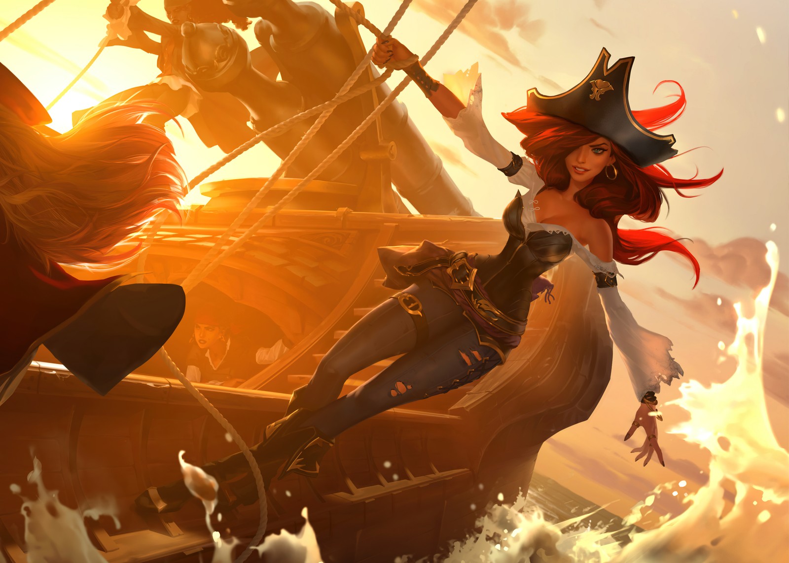 Una mujer con disfraz de pirata en un barco con una bandera pirata (miss fortune, cazarrecompensas, league of legends, juegos, fondo de pantalla 4k)