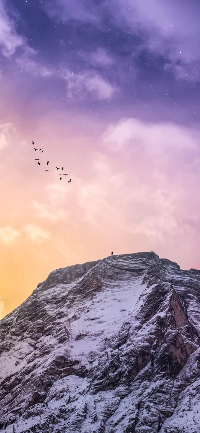 Majesté des montagnes : Oiseaux en vol contre un ciel vibrant