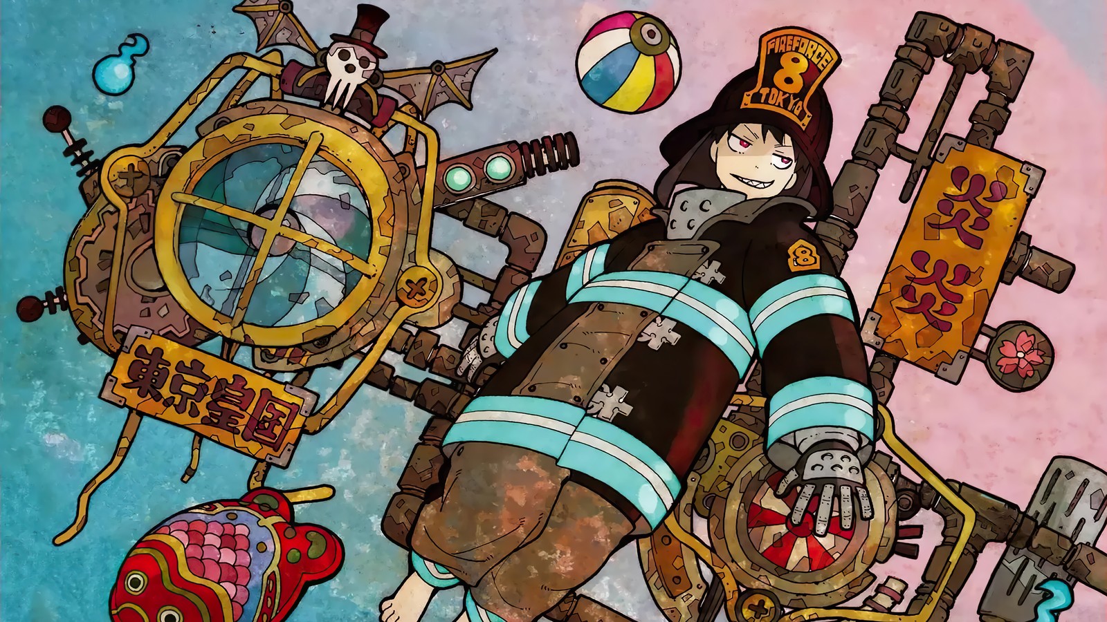 Personaje de anime con un reloj y una bola en la mano (fire force, anime, enen no shouboutai, 炎炎ノ消防隊, shinra kusakabe)