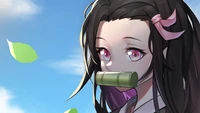 Nezuko Kamado dans un paysage serein, mettant en valeur son emblématique muselière en bambou et ses yeux expressifs.