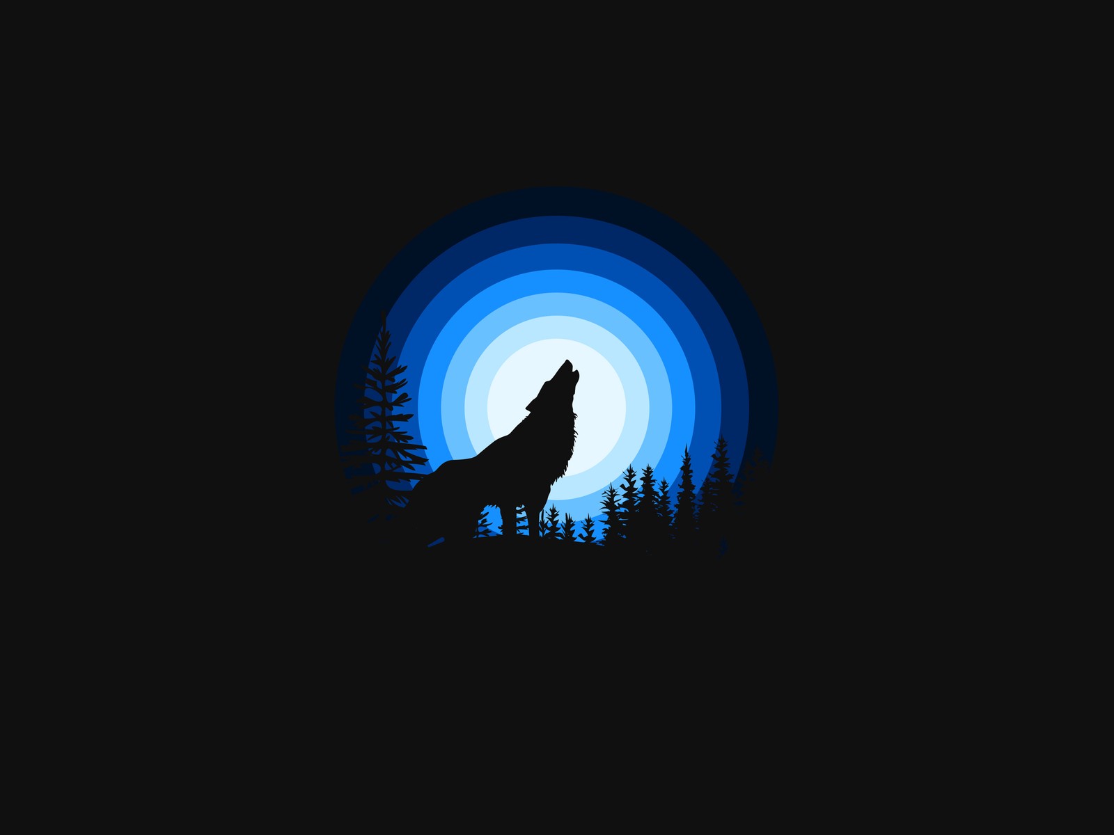 Ein einsamer wolf heult in der dunkelheit mit einem vollmond im hintergrund (der wolf, heulen, schattenriss, schwarzer hintergrund, blau)