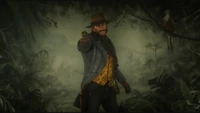 A rugged character in a stylish outfit points a revolver, standing amidst a lush, dark jungle backdrop, embodying the adventurous spirit of "Red Dead Redemption 2.