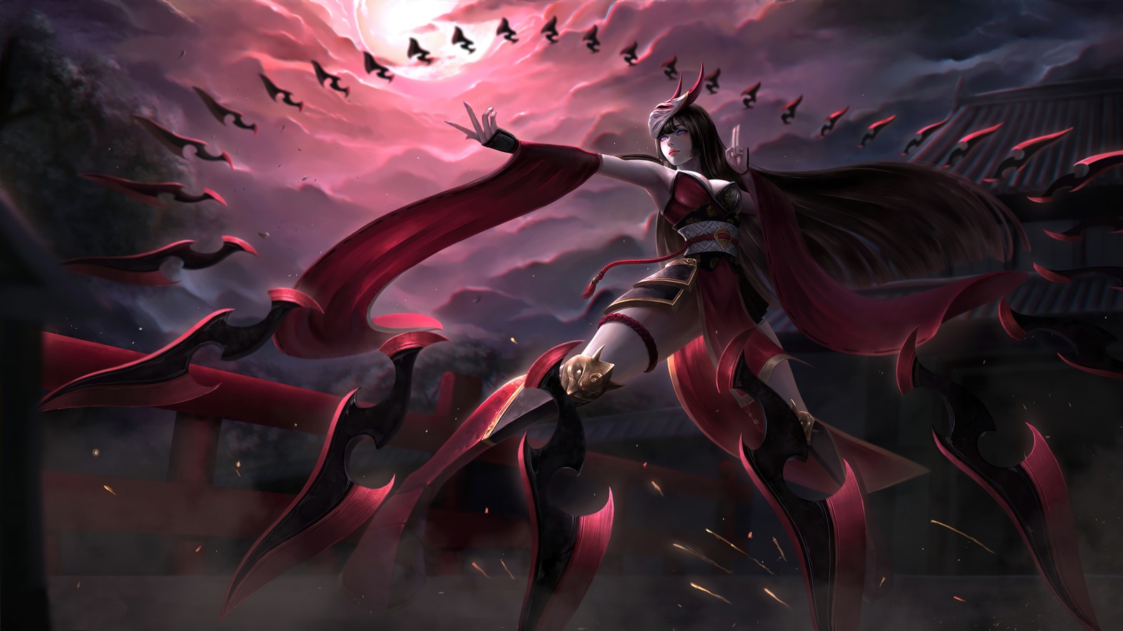 Eine frau in einem roten kleid, die ein schwert und fliegende vögel hält (irelia, blutmond, lol, league of legends, videospiel)