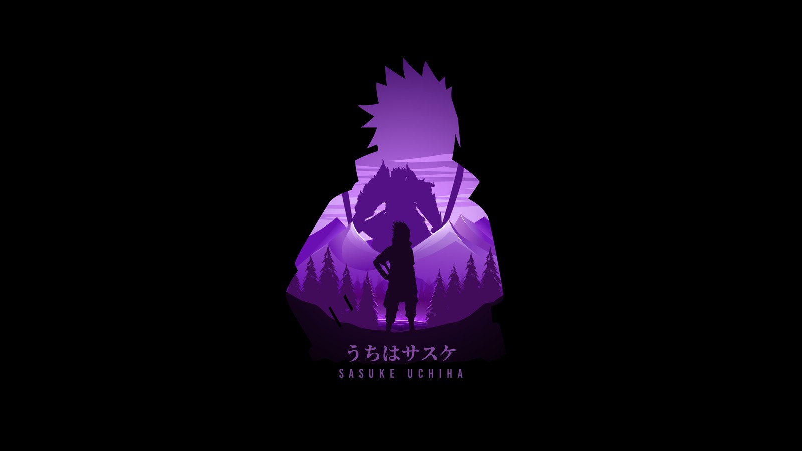 A purple silhouette of a person standing in front of a dark background (sasuke uchiha, amoled, naruto, minimal art, black background)