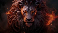 Majestic Lion Surrounded by Fiery Elements in Digital Art.