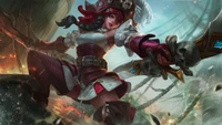 Karina, l'Assassin Pirate de Mobile Legends, prenant une pose puissante avec son épée et une expression féroce au milieu d'un décor de bataille dramatique.