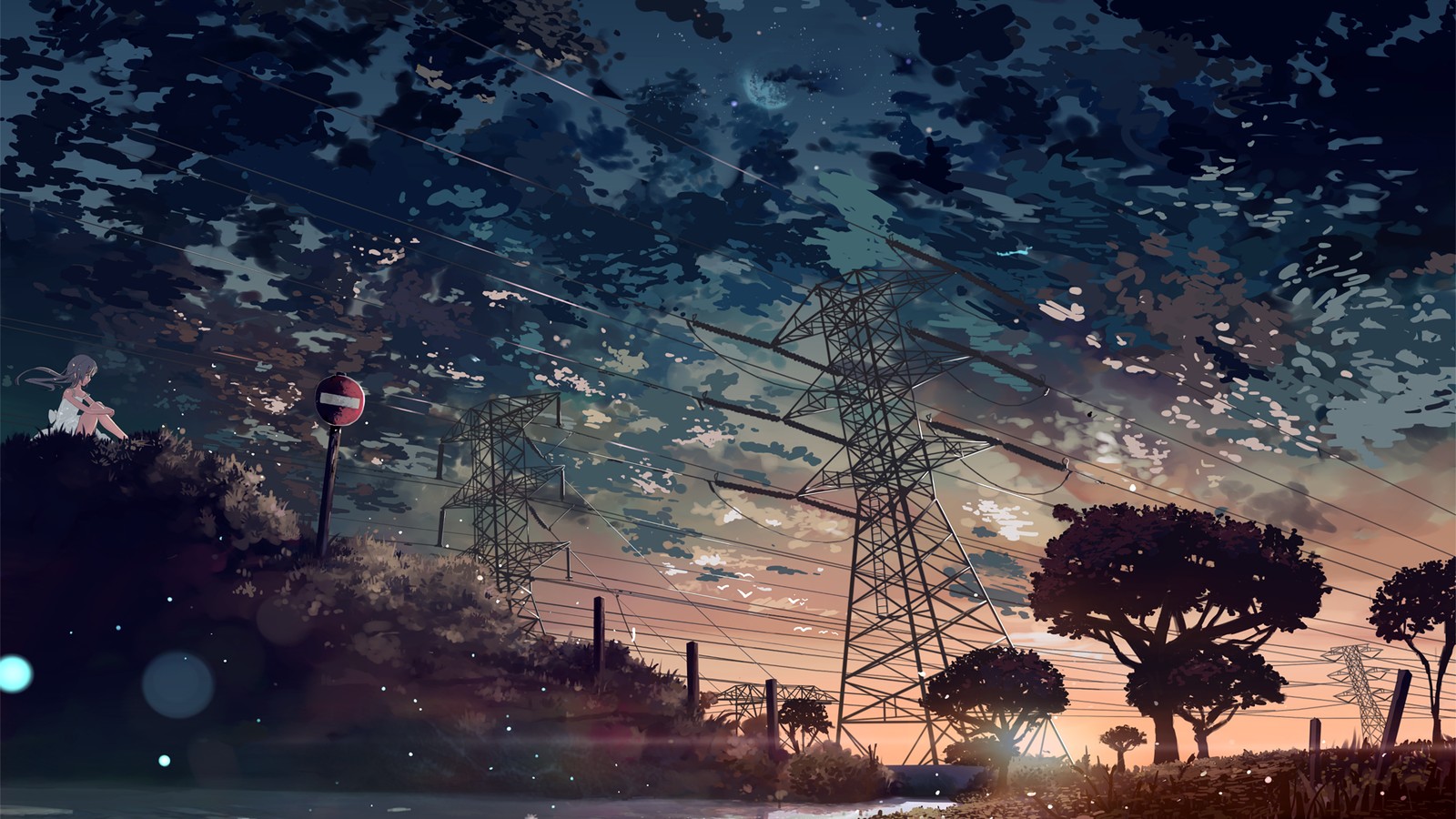 Scène anime d'une route avec des lignes électriques et des arbres la nuit (art danime, esthétique, nuage, atmosphère, plante)