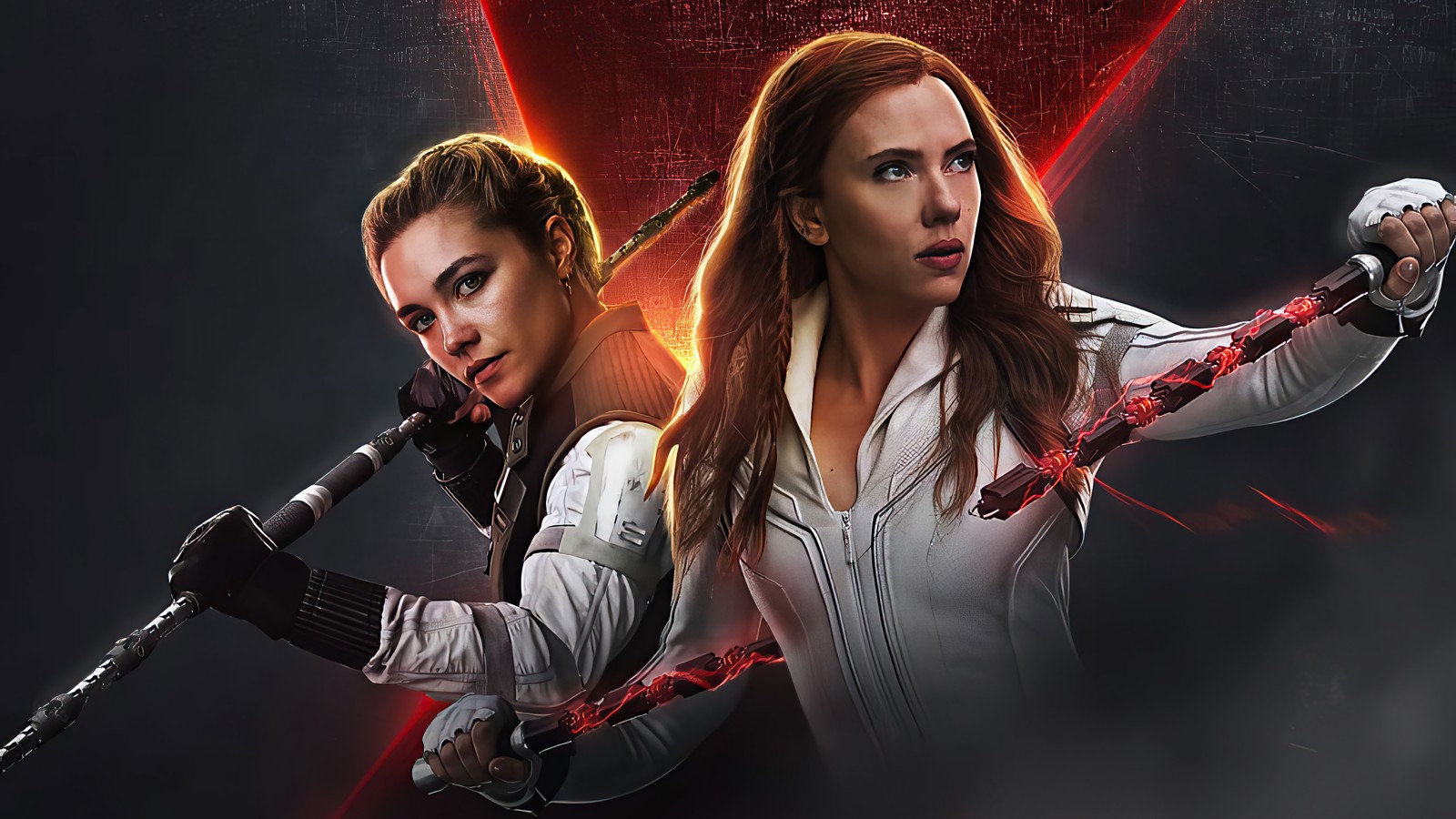 Dos mujeres con chaquetas blancas sosteniendo espadas y un corazón rojo (viuda negra 2020, black widow 2020, marvel, película, viuda negra)