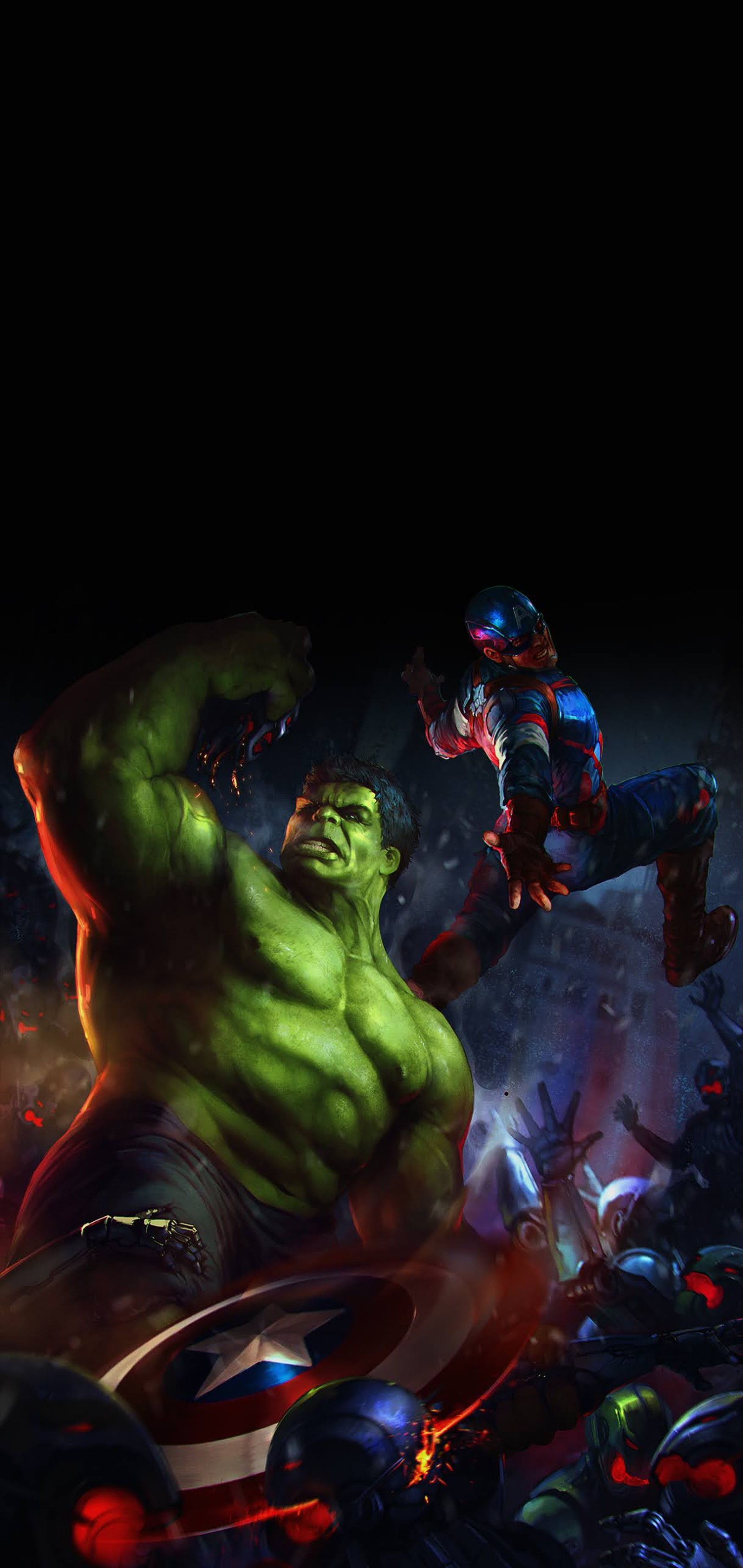 Les avengers : hulk et iron man se battent dans l'obscurité (hulk, spider man, marvel comics, univers cinématographique marvel, marvel cinematic universe)