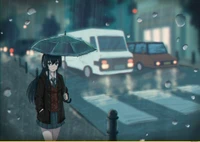 Anime Girl Under Umbrella in Rainy Urban Scene