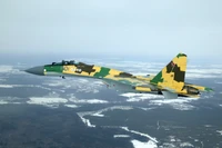 Sukhoi Su-35 Fighter Aircraft in Camouflage Over Winter Landscape