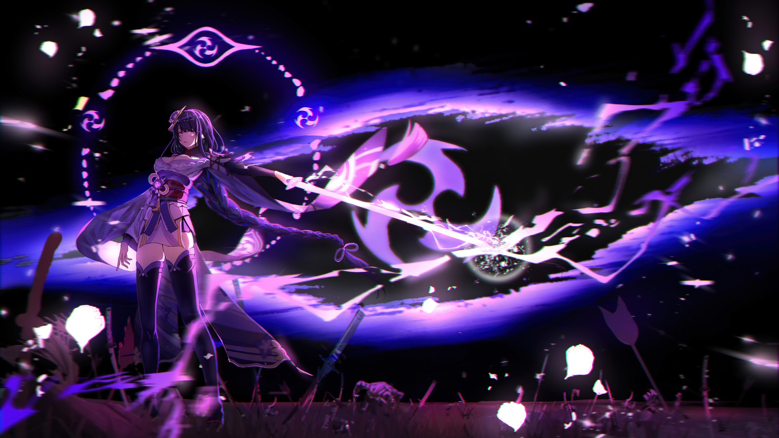 A woman in a purple dress standing in front of a purple and black background (raiden shogun, genshin impact, video game)