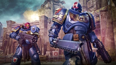 Эпическая игровая скриншот Warhammer 40K: Space Marine 2 с Ультрамаринами и Титом