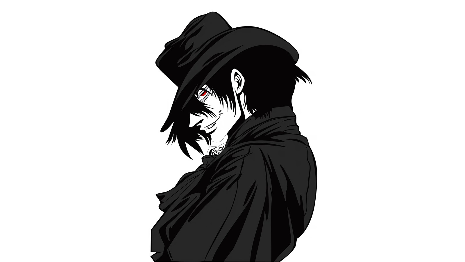 Un gros plan d'une personne portant un chapeau et un manteau noir (hellsing, 8k, alucard, minimaliste, noir et blanc)