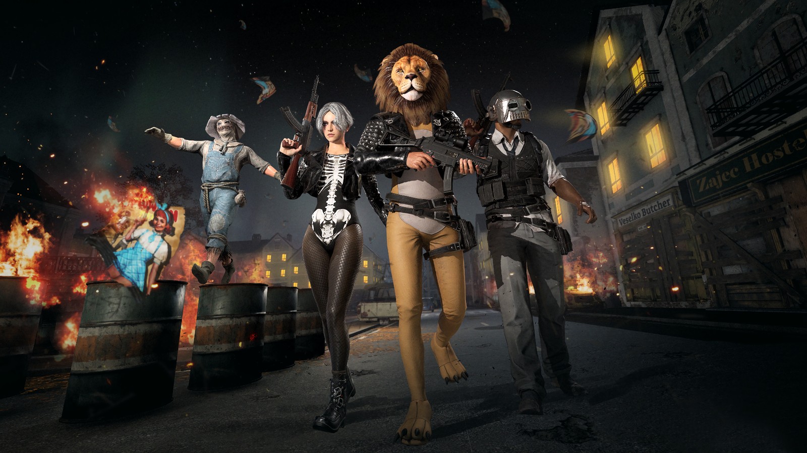 Eine gruppe von menschen, die sich als löwe verkleidet haben, und eine frau in einem bodysuit (halloween, 2019, videospiel, playerunknowns battlegrounds, haut)