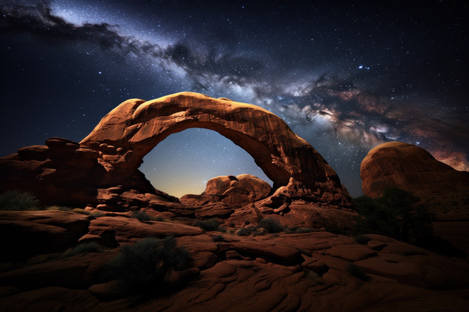 Um grande arco no deserto com uma via láctea ao fundo (arco da via láctea, parque nacional arches, utah, estados unidos, 5k)