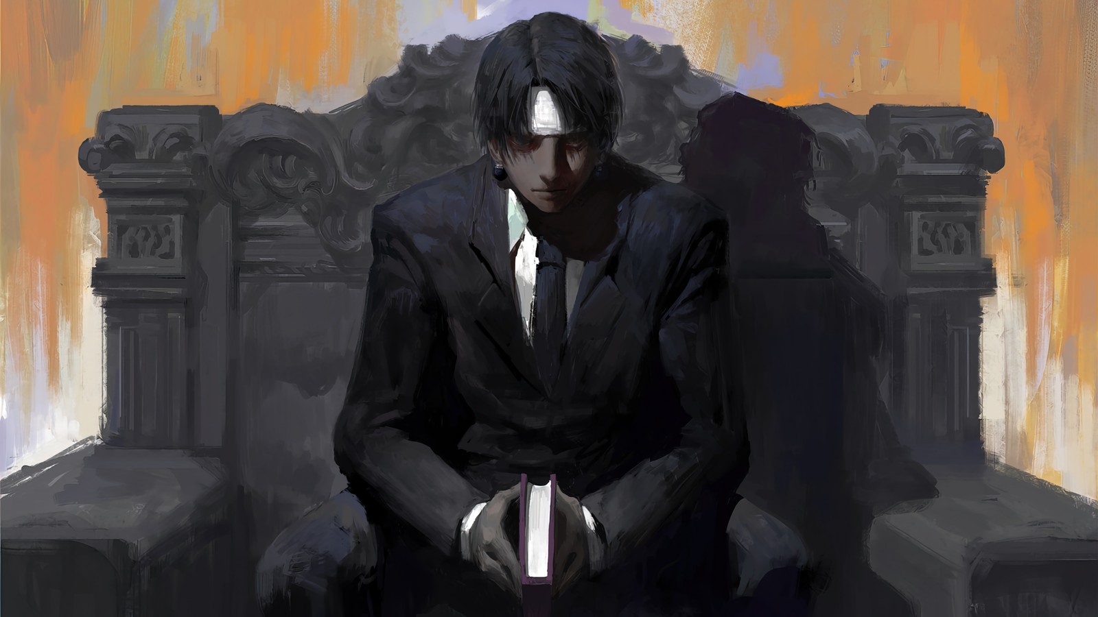 Painting of a man in a suit sitting on a chair (chrollo lucilfer, hunter x hunter, anime)