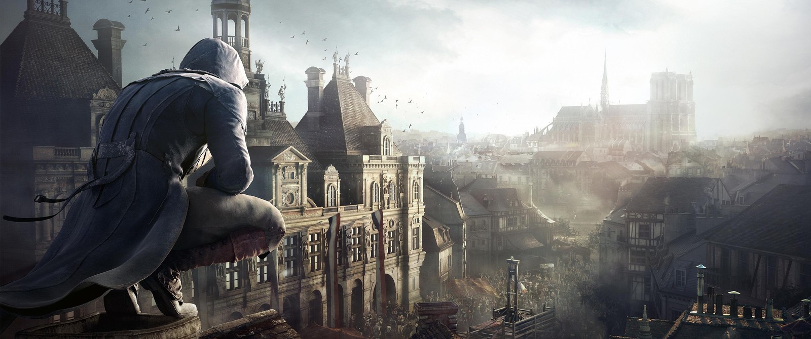 Un assassin se tient sur un rebord surplombant une ville (assassins creed unity, assassins creed syndicate, métropole, arno dorian, bâtiment)