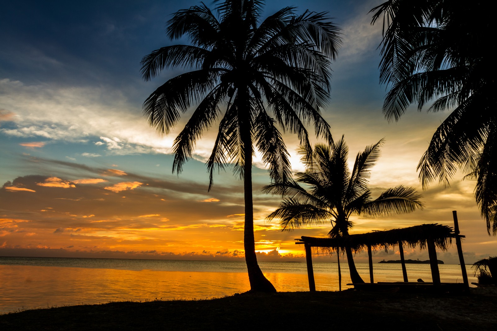 Atardecer en la playa con palmeras y una cabaña en la orilla (atardecer, mar, playa, árbol, árbol de palma)