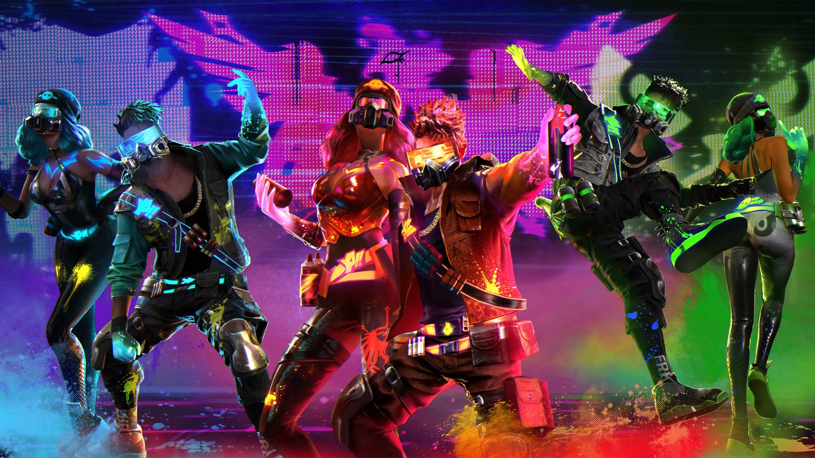 A group of people in costumes standing in front of a neon background (garena free fire, battle royale, video game, skin, dancing)