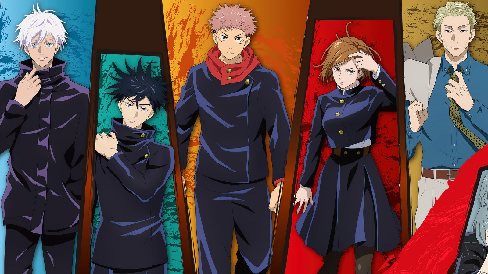 Eine gruppe von anime-charakteren, die nebeneinander stehen (jujutsu kaisen, anime, magiekampf, 呪術廻戦, charaktere)