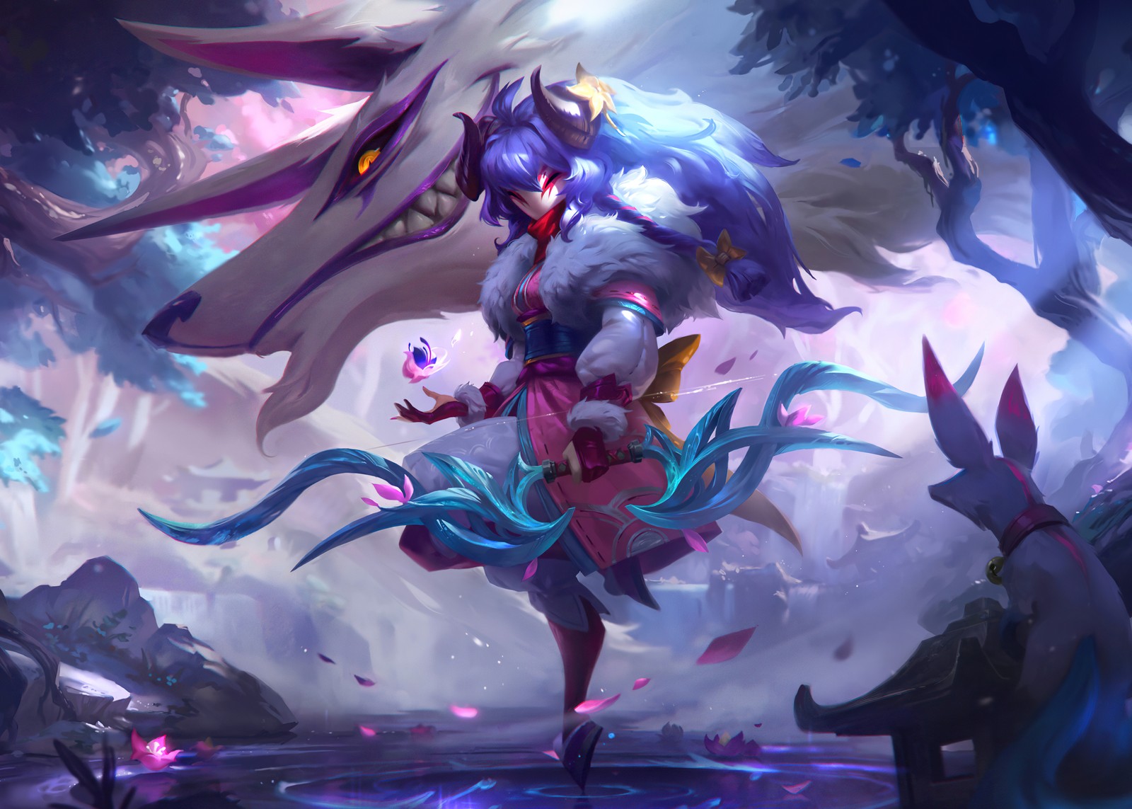 Una mujer con un traje blanco y cabello azul está de pie en un bosque (spirit blossom kindred, league of legends, juegos, fondo de pantalla 4k)