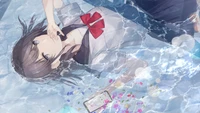 Fille d'anime en uniforme scolaire flottant dans l'eau avec un smartphone et des fleurs