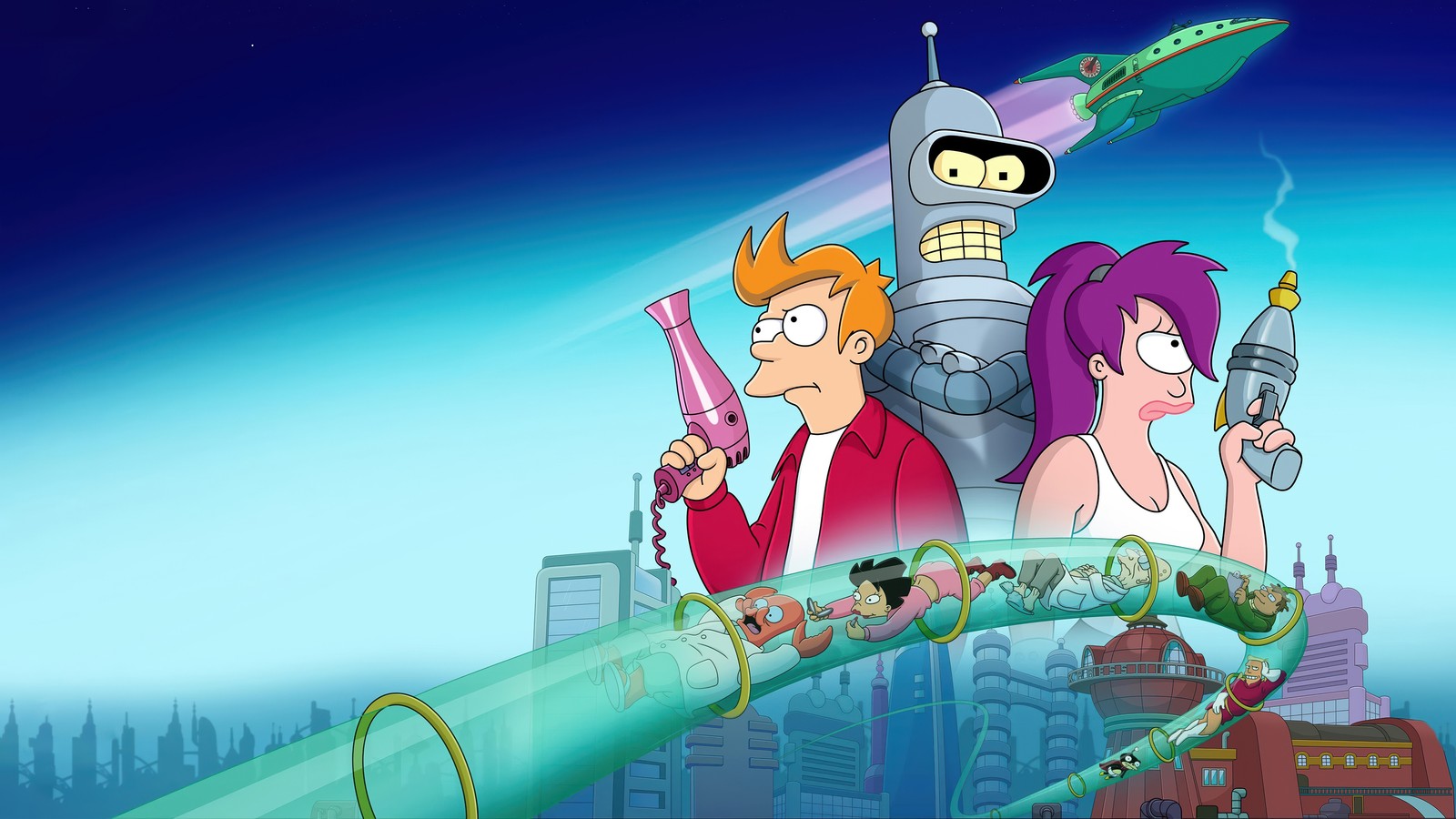 A cartoon picture of a group of people with guns (futurama, tv series, cartoon, philip fry, leela)