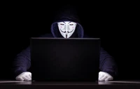 anonymous, laptop, hacker, black background, 5k wallpaper